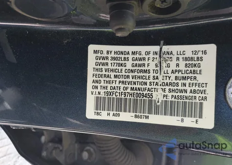 2017 Honda Civic Touring из США, поврежденный, VIN 19XFC1F97HE009455